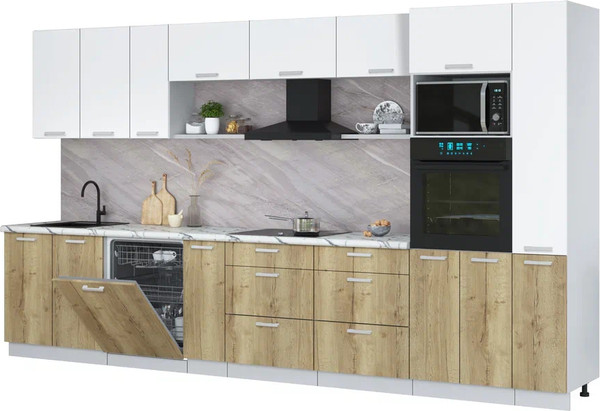 Изображение товара Кухонный гарнитур Интерлиния Мила Лайт 3.8-ПМ1 (белый платинум/дуб золотой/белый гранит)