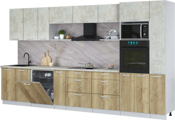 Изображение товара Кухонный гарнитур Интерлиния Мила Лайт 3.8-ПМ1 (бетон лайт/дуб золотой/опал светлый)