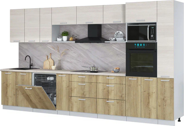 Изображение товара Кухонный гарнитур Интерлиния Мила Лайт 3.8-ПМ1  (вудлайн кремовый/дуб золотой/травертин серый)