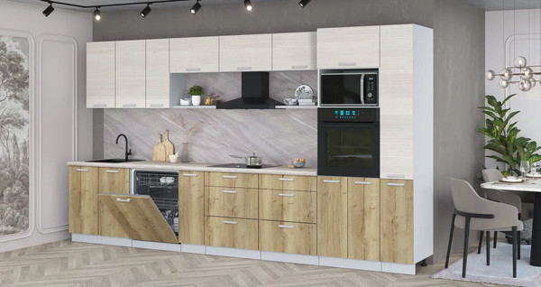 Изображение товара Кухонный гарнитур Интерлиния Мила Лайт 3.8-ПМ1  (вудлайн кремовый/дуб золотой/травертин серый)