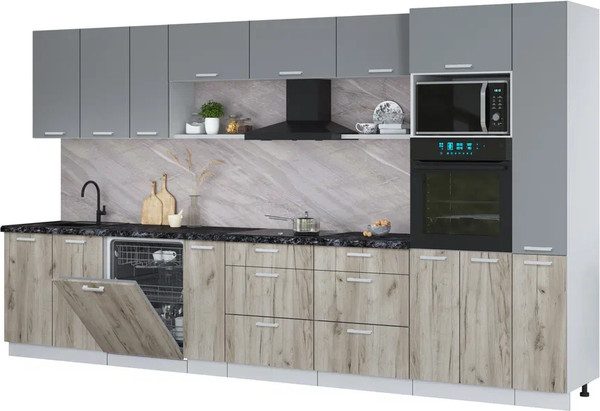 Изображение товара Кухонный гарнитур Интерлиния Мила Лайт 3.8-ПМ1 (серебро/дуб серый/кастилло темный)