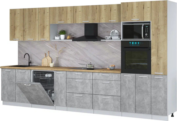 Изображение товара Кухонный гарнитур Интерлиния Мила Лайт 3.8-ПМ1 (дуб золотой/бетон/дуб бунратти)