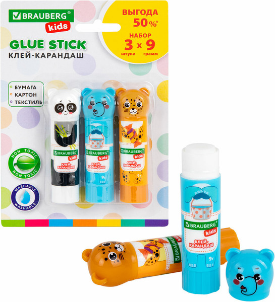 Изображение товара Клей-карандаш Brauberg Kids. Зверята: панда, слон, леопард / 272473 (3шт)