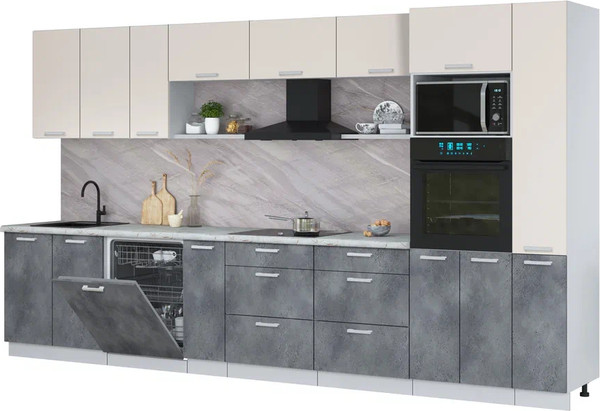 Изображение товара Кухонный гарнитур Интерлиния Мила Лайт 3.8-ПМ1 (персидский жемчуг/бетон портленд/серый каспий)