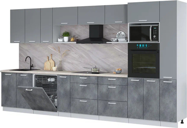 Изображение товара Кухонный гарнитур Интерлиния Мила Лайт 3.8-ПМ1  (серебро/бетон портленд/травертин серый)