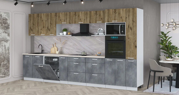 Изображение товара Кухонный гарнитур Интерлиния Мила Лайт 3.8-ПМ1  (дуб веллингтон/бетон портленд/травертин серый)