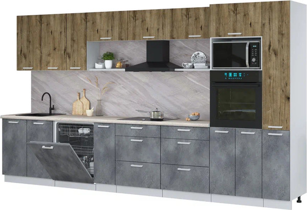 Изображение товара Кухонный гарнитур Интерлиния Мила Лайт 3.8-ПМ1  (дуб веллингтон/бетон портленд/травертин серый)