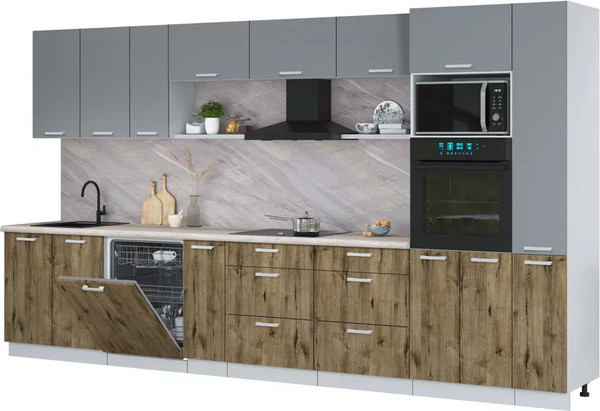 Изображение товара Кухонный гарнитур Интерлиния Мила Лайт 3.8-ПМ1 (серебро/дуб веллингтон/травертин серый)