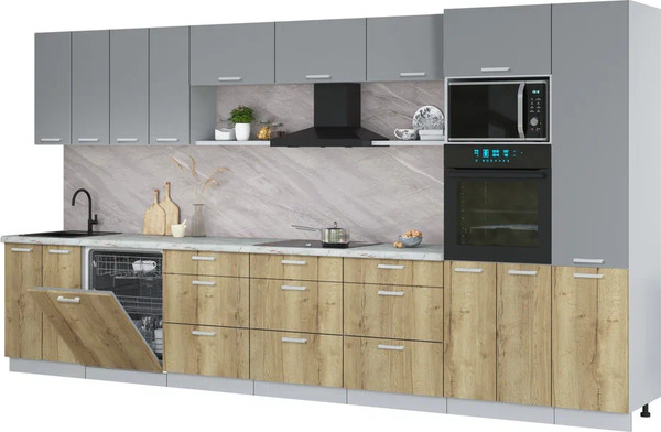 Изображение товара Кухонный гарнитур Интерлиния Мила Лайт 4.0-ПМ1 (серебро/дуб золотой/серый каспий)