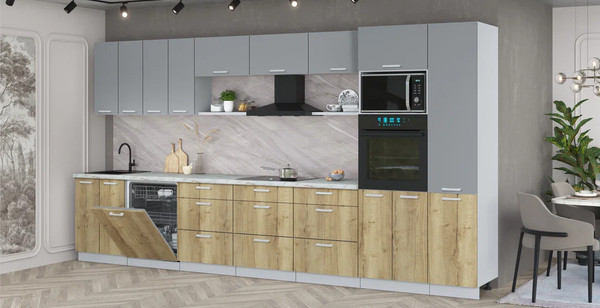 Изображение товара Кухонный гарнитур Интерлиния Мила Лайт 4.0-ПМ1 (серебро/дуб золотой/серый каспий)