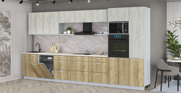 Изображение товара Кухонный гарнитур Интерлиния Мила Лайт 4.0-ПМ1 (дуб белый/дуб золотой/травертин серый)