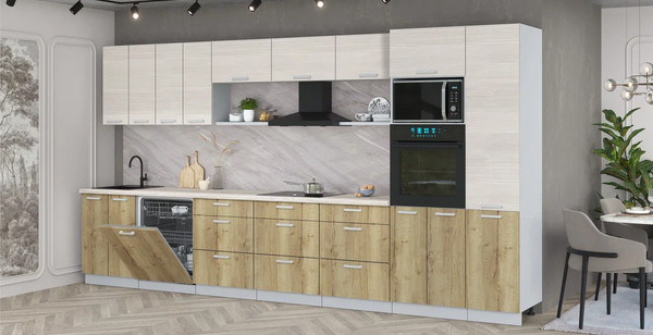 Изображение товара Кухонный гарнитур Интерлиния Мила Лайт 4.0-ПМ1  (вудлайн кремовый/дуб золотой/травертин серый)