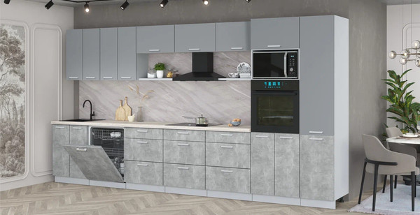 Изображение товара Кухонный гарнитур Интерлиния Мила Лайт 4.0-ПМ1 (серебро/бетон/травертин серый)