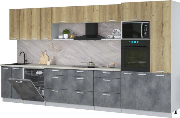 Изображение товара Кухонный гарнитур Интерлиния Мила Лайт 4.0-ПМ1 (дуб золотой/бетон портленд/опал светлый)