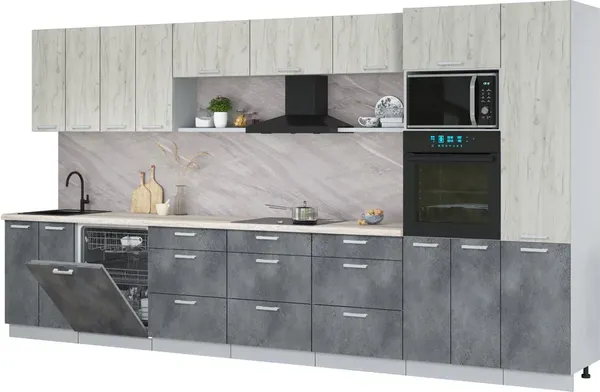 Изображение товара Кухонный гарнитур Интерлиния Мила Лайт 4.0-ПМ1  (дуб белый/бетон портленд/травертни)