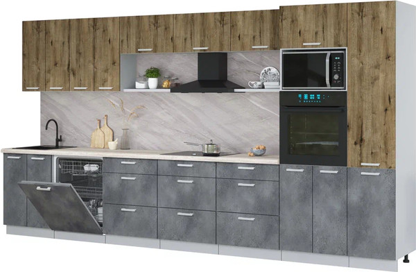 Изображение товара Кухонный гарнитур Интерлиния Мила Лайт 4.0-ПМ1  (дуб веллингтон/бетон портленд/травертин серый)