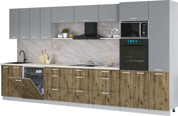Изображение товара Кухонный гарнитур Интерлиния Мила Лайт 4.0-ПМ1  (серебро/дуб веллингтон/травертин серый)