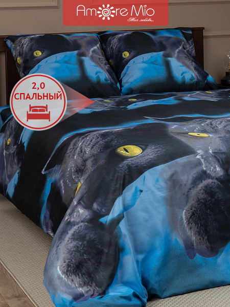 Изображение товара Комплект постельного белья Amore Mio Макосатин BZ Meow Double M / 92929  (синий)