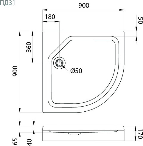 Изображение товара Душевой поддон Triton ПД31 ДК 1/4 низкий 90х90