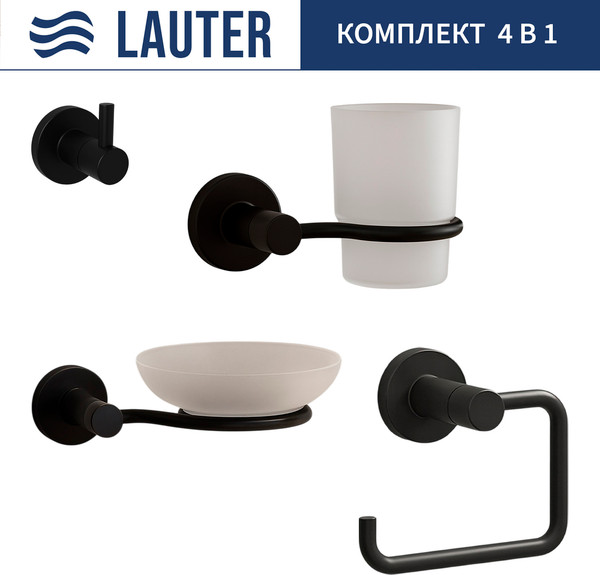 Изображение товара Набор аксессуаров для ванной и туалета Lauter 21TS20116 + 21TS20114 + 21T2010 + 21TS20112 (Matt Black, 4 предмета)