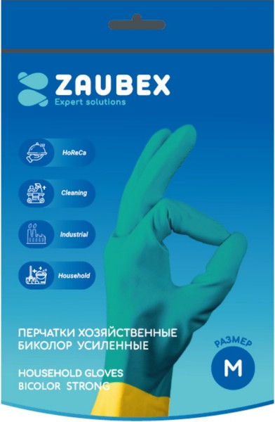Изображение товара Перчатки хозяйственные Zaubex Латексные Биколор усиленные / HLG90-S-70/M (M, зеленый/желтый)