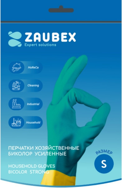 Изображение товара Перчатки хозяйственные Zaubex Латексные Биколор усиленные / HLG90-S-70/S (S, зеленый/желтый)