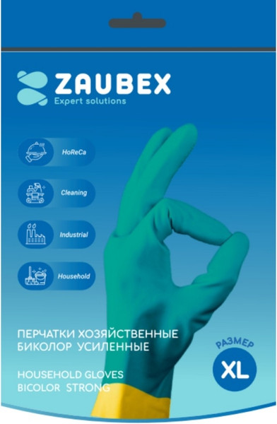 Изображение товара Перчатки хозяйственные Zaubex Латексные Биколор усиленные / HLG90-S-70/XL (XL, зеленый/желтый)