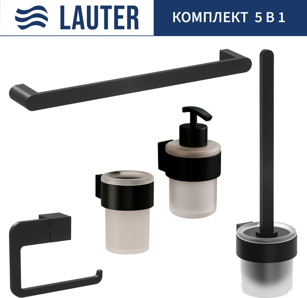 Изображение товара Набор аксессуаров для ванной и туалета Lauter 21TS3019 + 21TS3021 + 21TS3015 + 21TS3006 + 21TS3023 (Matt Black, 5 предметов)