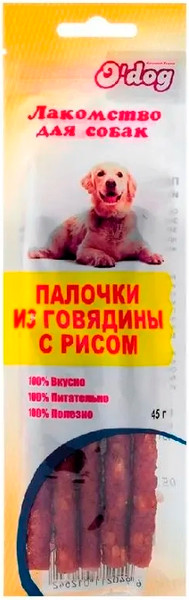 Изображение товара Лакомство для собак O'dog Палочки из филе говядины с рисом (45г)