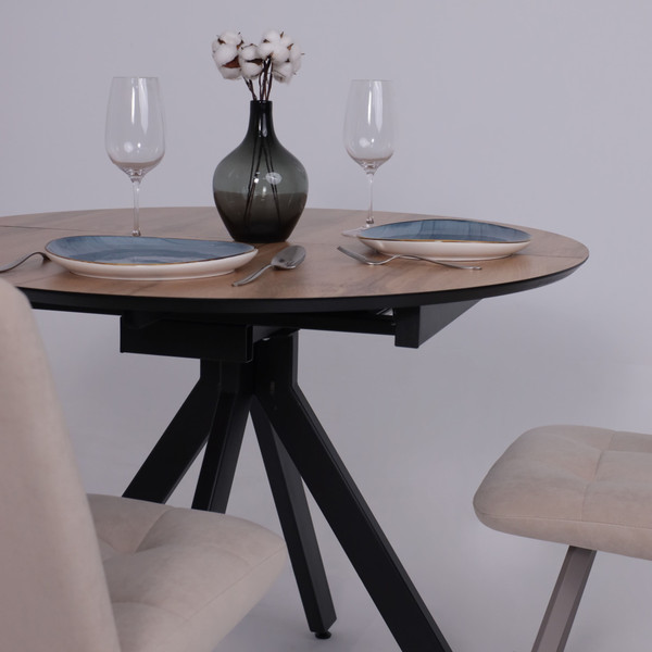 Изображение товара Обеденный стол LEPREMO  AV 1107 HPL+МДФ раздвижной D1000-1350x750 (дуб вотан/черный)