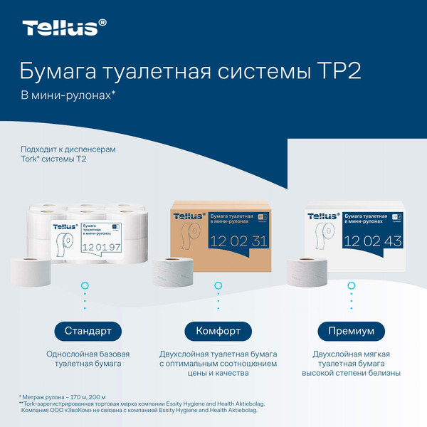 Изображение товара Туалетная бумага Tellus В мини-рулонах 2 слоя 120231/Т2 (170м)