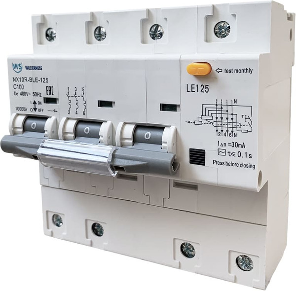 Изображение товара Дифференциальный автомат Wilderness NX10R-BLE-125 3P+N C125 30mA AC 10kA (R) / NX10RB-4-125C-030AC