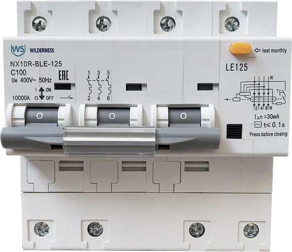 Изображение товара Дифференциальный автомат Wilderness NX10R-BLE-125 3P+N C125 30mA AC 10kA (R) / NX10RB-4-125C-030AC