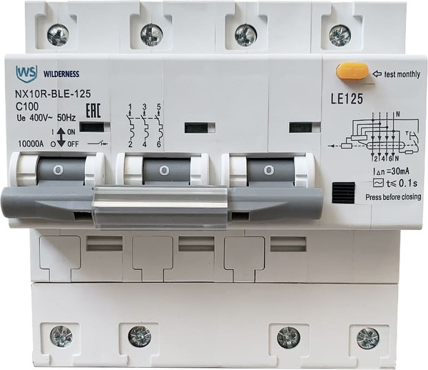 Изображение товара Дифференциальный автомат Wilderness NX10R-BLE-125 3P+N C63 30mA AC 10kA (R) / NX10RB-4-063C-030AC