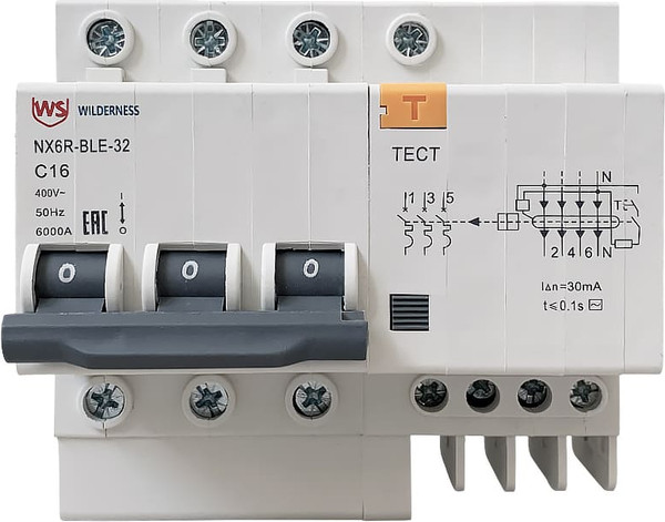 Изображение товара Дифференциальный автомат Wilderness NX6R-BLE-32 3P+N C6 10mA AC 6kA (R) / NX6RB-4-006C-010AC