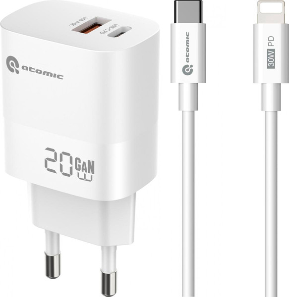 Изображение товара Зарядное устройство сетевое Atomic Motion G202 GAN 20W 2-порта USB (A+C) сUSB(С-L) / 10.204 (1.5м, белый )
