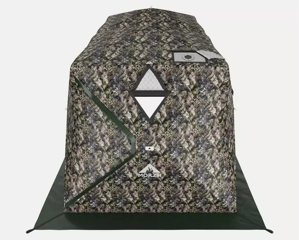 Изображение товара Палатка-баня MORZH Куб дубль с полом, печью и баком для воды (камуфляж)