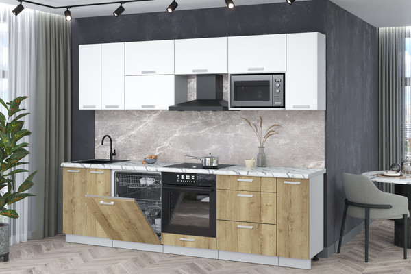 Изображение товара Кухонный гарнитур Interline Мила Лайт 2.7-ПМ2 (белый платинум/дуб золотой/белый гранит)