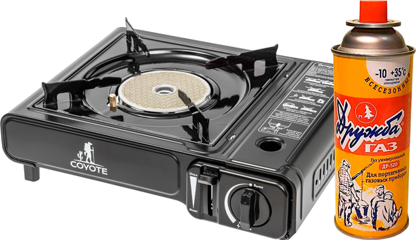 Изображение товара Плита туристическая Coyote MS-2500С LPG B с газовым баллоном Дружба ДР-520 (черный полуглянцевый)