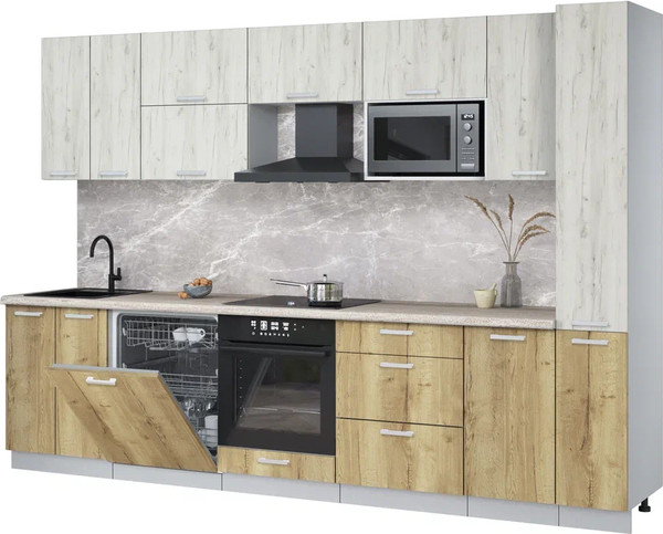 Изображение товара Кухонный гарнитур Интерлиния Мила Лайт 3.1-ПМ2 (дуб белый/дуб золотой/травертин серый)