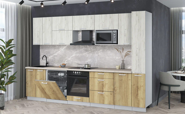 Изображение товара Кухонный гарнитур Интерлиния Мила Лайт 3.1-ПМ2 (дуб белый/дуб золотой/травертин серый)