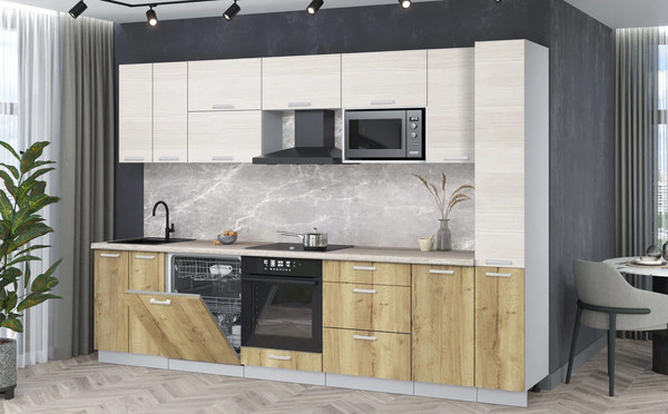 Изображение товара Кухонный гарнитур Интерлиния Мила Лайт 3.1-ПМ2 (вудлайн кремовый/дуб золотой/травертин серый)