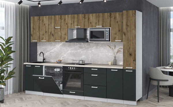 Изображение товара Кухонный гарнитур Интерлиния Мила Лайт 3.1-ПМ2 (дуб веллингтон/антрацит/травертин серый)