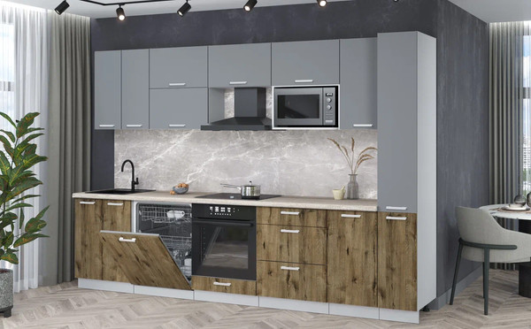 Изображение товара Кухонный гарнитур Интерлиния Мила Лайт 3.1-ПМ2 (серебро/дуб веллингтон/травертин серый)