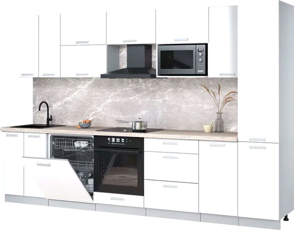 Изображение товара Кухонный гарнитур Интерлиния Мила Лайт 3.2-ПМ2 (белый платинум/белый платинум/травертин серый)