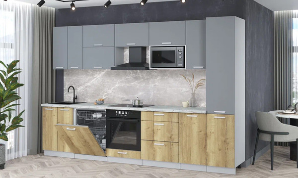 Изображение товара Кухонный гарнитур Интерлиния Мила Лайт 3.2-ПМ2 (серебро/дуб золотой/серый каспий)