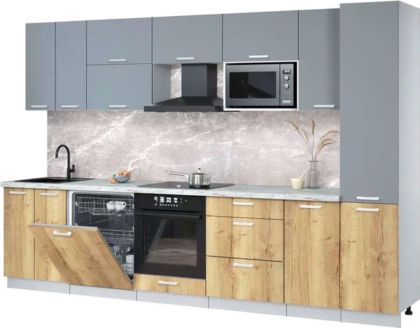 Изображение товара Кухонный гарнитур Интерлиния Мила Лайт 3.2-ПМ2 (серебро/дуб золотой/серый каспий)