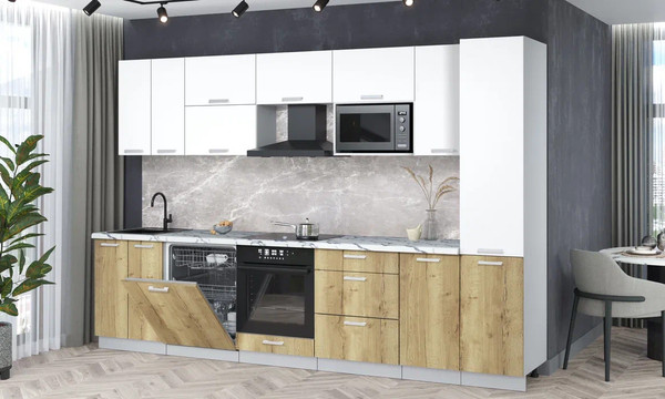 Изображение товара Кухонный гарнитур Интерлиния Мила Лайт 3.2-ПМ2 (белый платинум/дуб золотой/белый гранит)