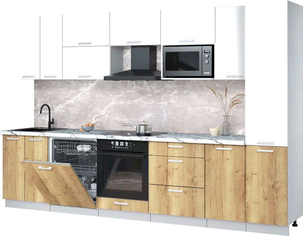 Изображение товара Кухонный гарнитур Интерлиния Мила Лайт 3.2-ПМ2 (белый платинум/дуб золотой/белый гранит)