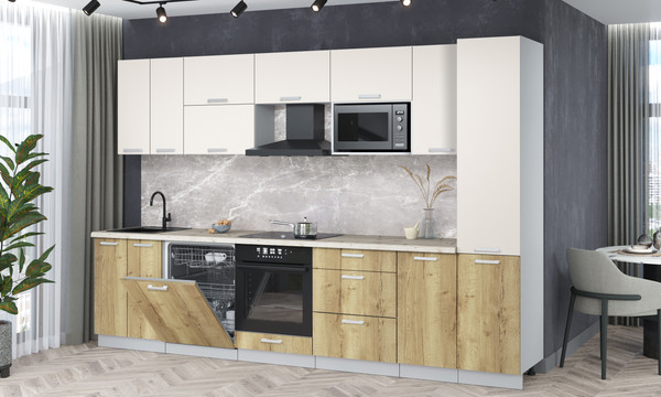 Изображение товара Кухонный гарнитур Интерлиния Мила Лайт 3.2-ПМ2 (персидский жемчуг/дуб золотой/бискайская сосна)